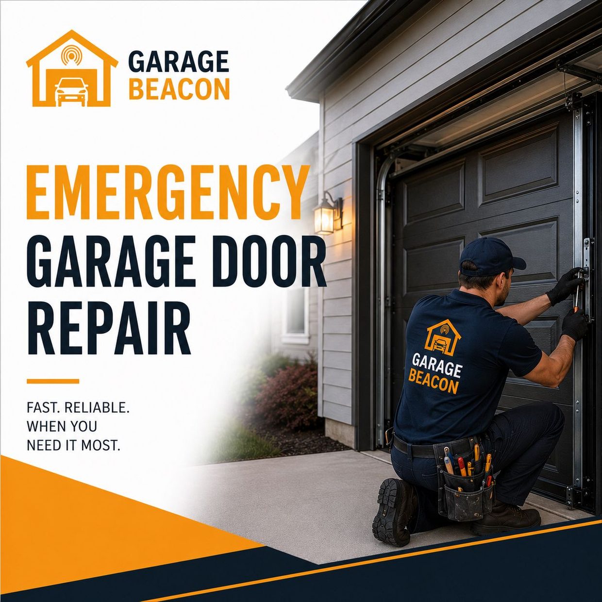 Garage Beacon technician performing emergency garage door repair at a residential home